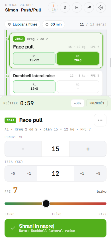 Superset: trenutna vaja, počitek in naslednja vaja